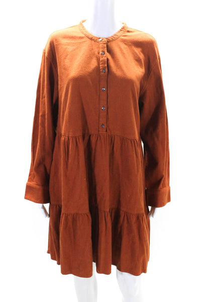 Madewell Womens Long Sleeve Tiered Flannel Popover Dress Tan Size Extra Large