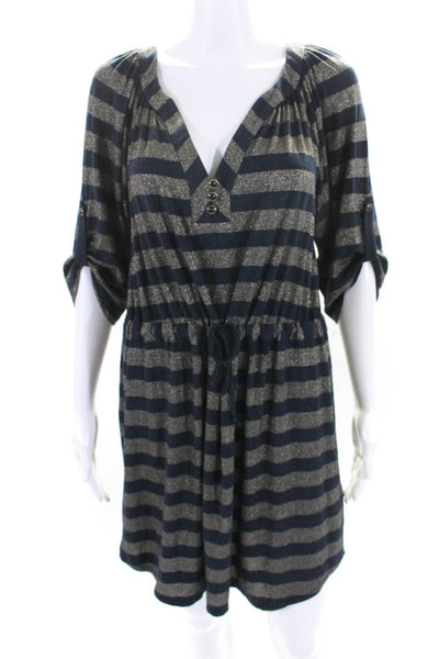 Shoshanna Womens Striped Long Sleeves Drawstring Waist Dress Navy Blue Gold Size