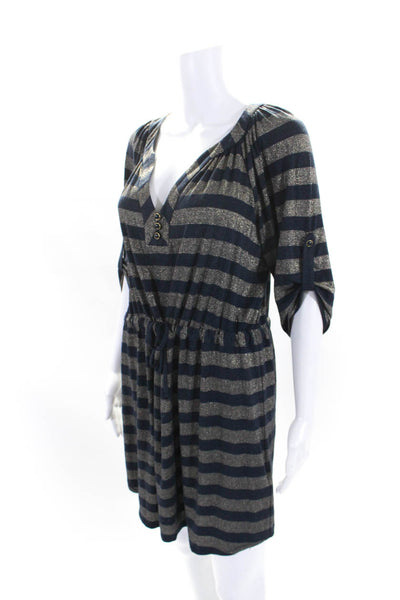 Shoshanna Womens Striped Long Sleeves Drawstring Waist Dress Navy Blue Gold Size