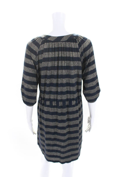 Shoshanna Womens Striped Long Sleeves Drawstring Waist Dress Navy Blue Gold Size