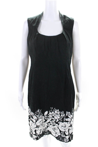 Kenar Womens Cotton Floral Pleated Round Neck Sleeveless Dress Black Size 10