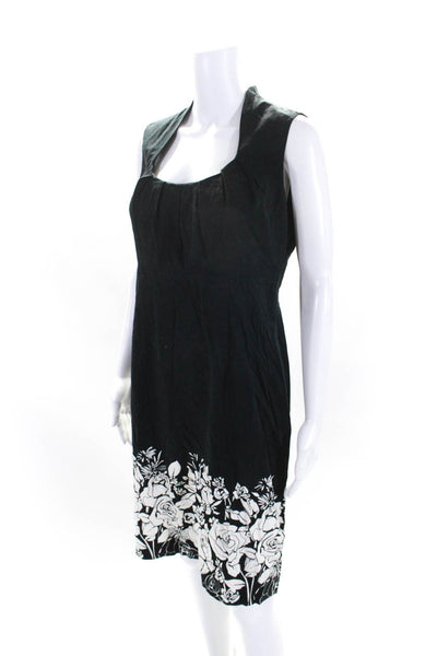 Kenar Womens Cotton Floral Pleated Round Neck Sleeveless Dress Black Size 10