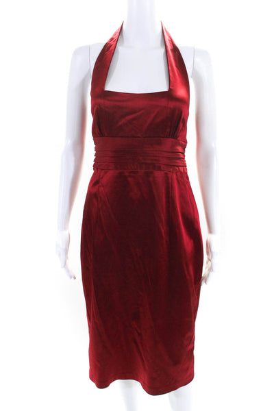 David Meister Womens Satin Pleated Square Neck Zip Up Halter Dress Red Size 10