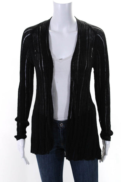 Tahari Womens Linen Ribbed Textured Open Front Long Sleeve Cardigan Black Size L