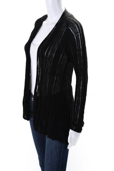 Tahari Womens Linen Ribbed Textured Open Front Long Sleeve Cardigan Black Size L