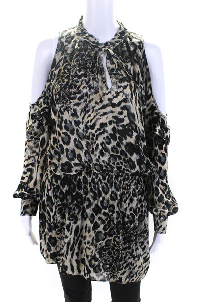 Parker Womens Animal Print Ruched V-Neck Long Sleeve Blouson Top Beige Size M