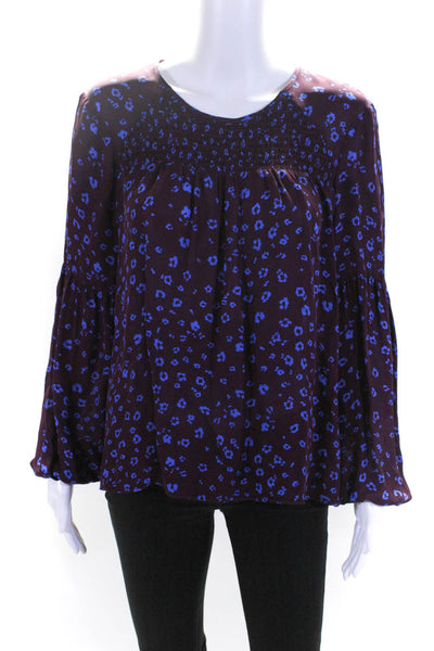 Parker Womens Silk Floral Print Ruched Long Sleeve Blouse Top Purple Size L