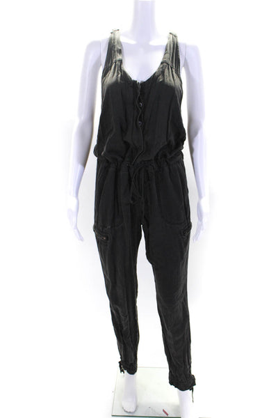 Free People Womens Buttoned Sleeveless Drawstring Ruched Jumpsuit Black Size 6