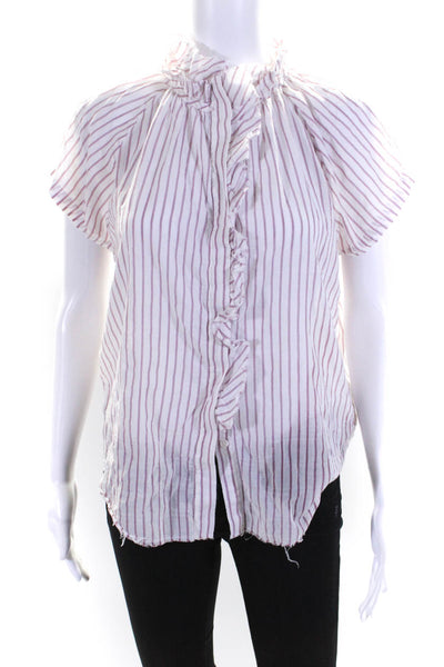 Sundays Womens Striped V-Neck Short Sleeve Button Up Blouse Top White Size S