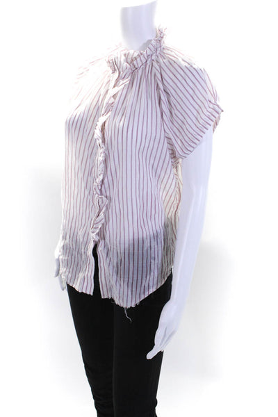 Sundays Womens Striped V-Neck Short Sleeve Button Up Blouse Top White Size S