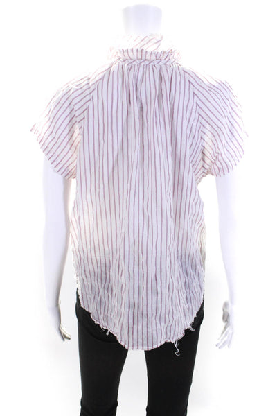 Sundays Womens Striped V-Neck Short Sleeve Button Up Blouse Top White Size S