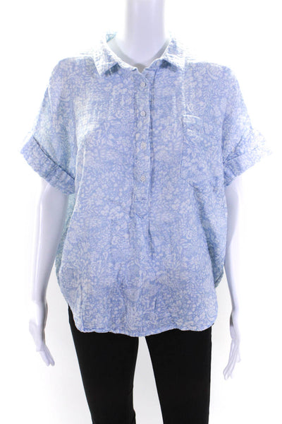 Sundays Womens Floral Collared Short Sleeve Pullover Blouse Top Blue Size S