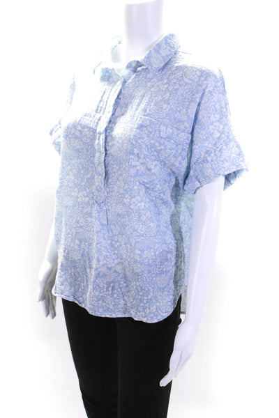 Sundays Womens Floral Collared Short Sleeve Pullover Blouse Top Blue Size S