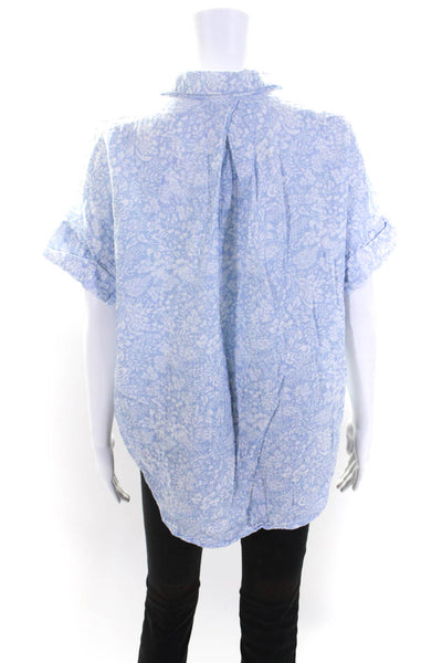 Sundays Womens Floral Collared Short Sleeve Pullover Blouse Top Blue Size S