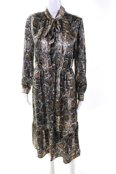 Zara Womens Brown Python Print Tie Neck Long Sleeve Shift Dress Size M