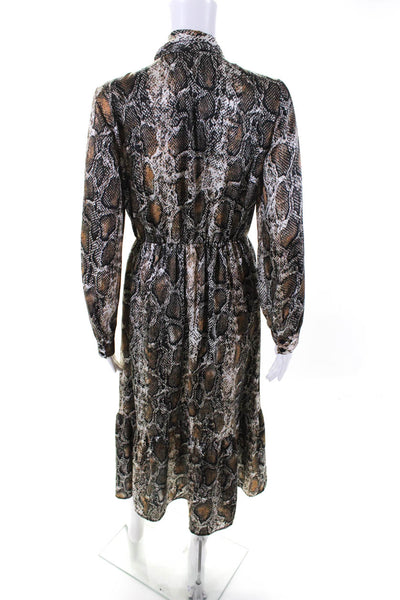 Zara Womens Brown Python Print Tie Neck Long Sleeve Shift Dress Size M