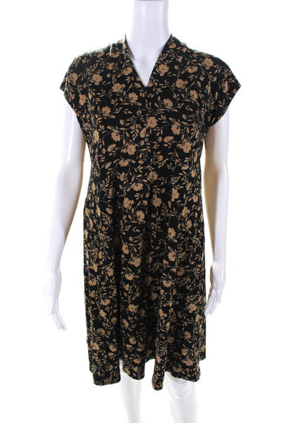 J. Jill Womens Floral Print V-Neck Short Sleeve A-Line Dress Black Brown Size S