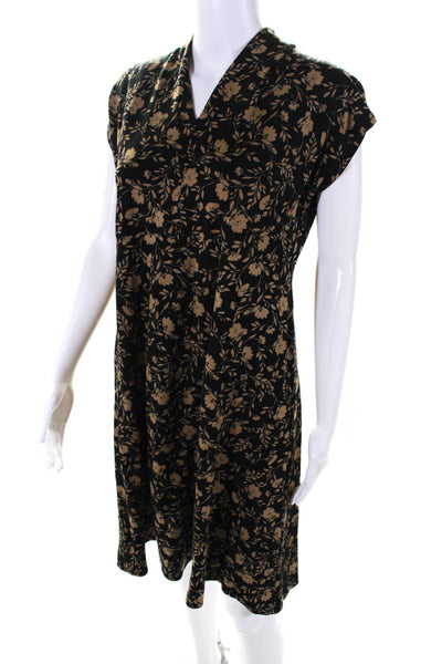 J. Jill Womens Floral Print V-Neck Short Sleeve A-Line Dress Black Brown Size S