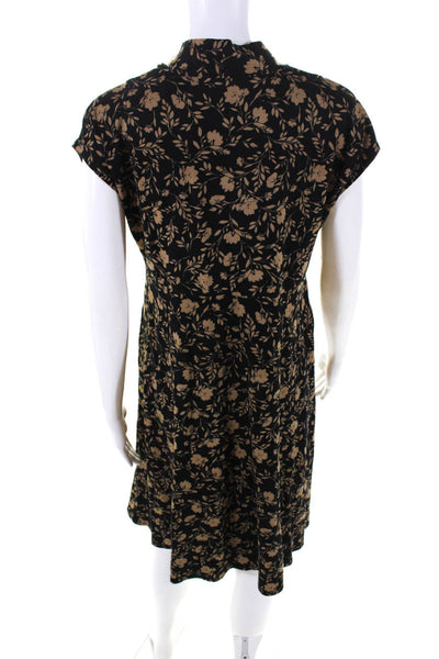 J. Jill Womens Floral Print V-Neck Short Sleeve A-Line Dress Black Brown Size S