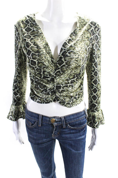 Janine Women's V-Neck Rouge Sequin Cropped Top Blouse Green Size M