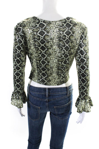 Janine Women's V-Neck Rouge Sequin Cropped Top Blouse Green Size M