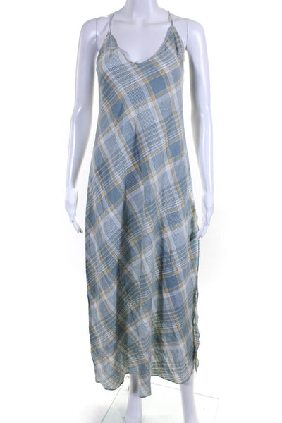 Dannijo Womens Cotton Plaid Print V-Neck Sleeveless Slit Tank Dress Blue Size M