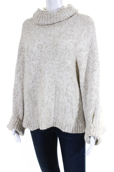 Magaschoni Womens Glitter Knitted Turtleneck Poncho Batwing Sweater Tan Size XL