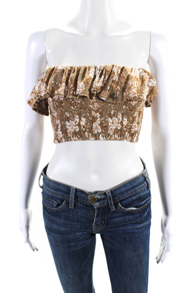 Faithfull The Brand Womens Brown Floral Smocked Layered Strapless Crop Top Size4