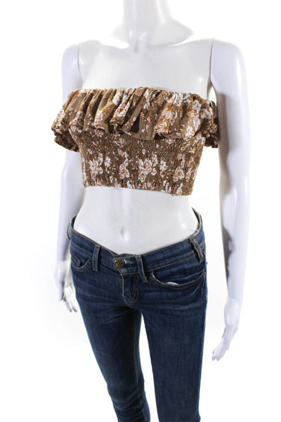 Faithfull The Brand Womens Brown Floral Smocked Layered Strapless Crop Top Size4