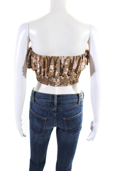 Faithfull The Brand Womens Brown Floral Smocked Layered Strapless Crop Top Size4