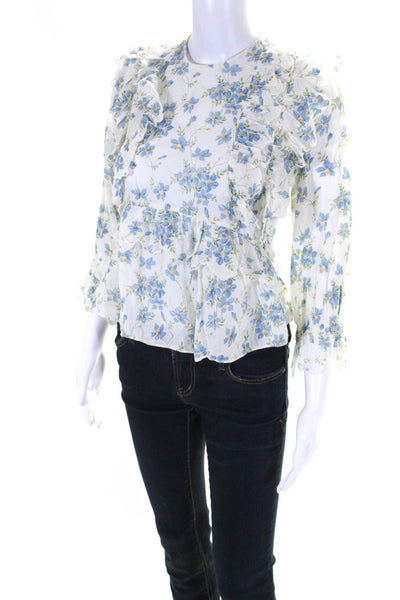 The Great Women's Round Neck Ruffe Long Sleeves Floral Cotton Blouse Size 0