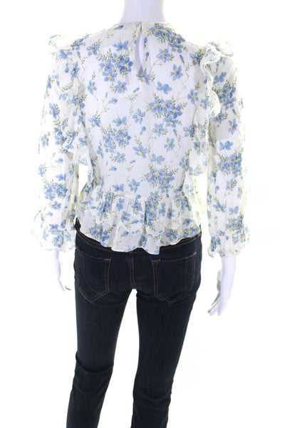 The Great Women's Round Neck Ruffe Long Sleeves Floral Cotton Blouse Size 0