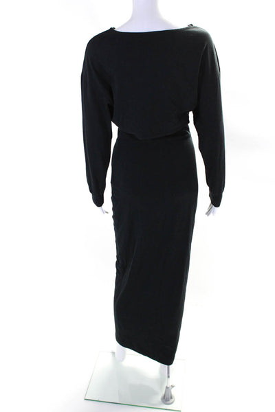 A.W.A.K.E Women's Round Neck Long Sleeves Button Down Maxi Dress Black Size XS