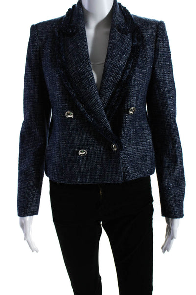 Zara Womens Cotton Tweed Peak Lapel Double Breasted Blazer Jacket Blue Size XS