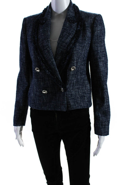 Zara Womens Cotton Tweed Peak Lapel Double Breasted Blazer Jacket Blue Size XS