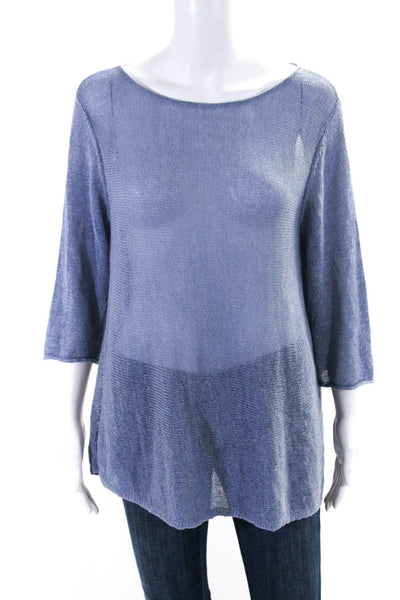 Eileen Fisher Women's Round Neck Short Sleeves Mesh Pullover Sweater Blue Size L