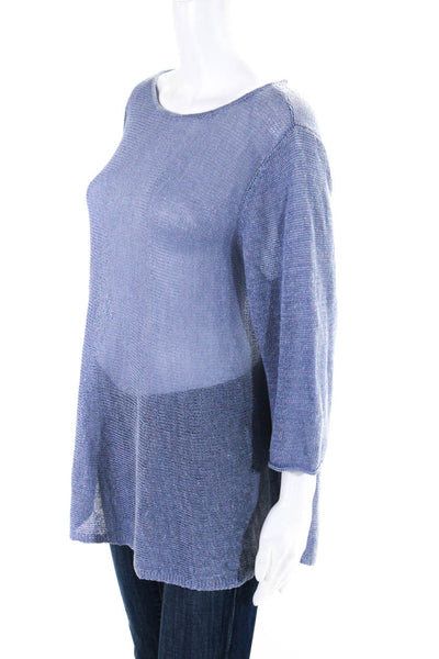 Eileen Fisher Women's Round Neck Short Sleeves Mesh Pullover Sweater Blue Size L