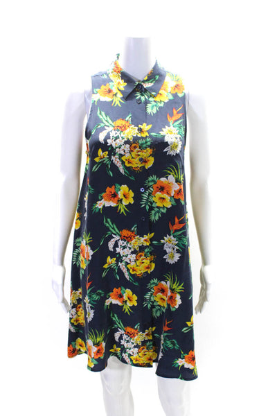 Equipment Femme Womens Silk Floral Print Collared Buttoned Dress Blue Size S