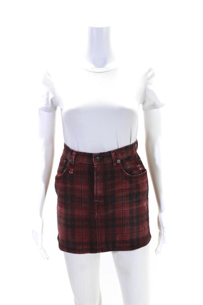 R13 Womens Cotton Plaid Print High Rise Denim Buttoned Mini Skirt Red Size EUR25