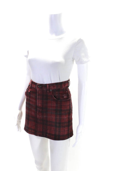 R13 Womens Cotton Plaid Print High Rise Denim Buttoned Mini Skirt Red Size EUR25