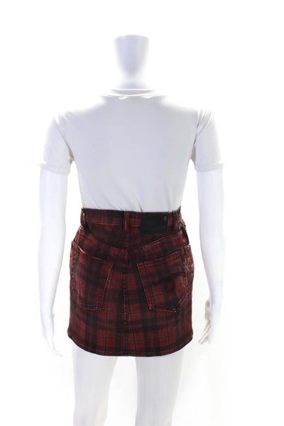 R13 Womens Cotton Plaid Print High Rise Denim Buttoned Mini Skirt Red Size EUR25