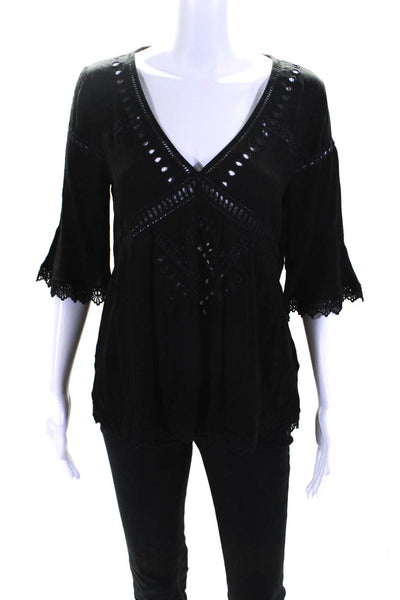 Ella Moss Womens V-Neck Embroidered Textured 3/4 Sleeve Blouse Black Size XS