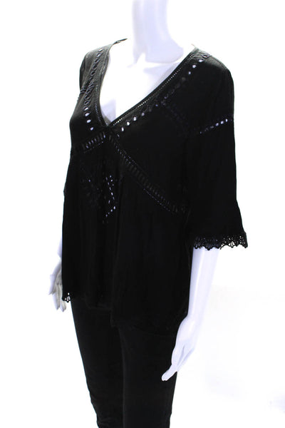 Ella Moss Womens V-Neck Embroidered Textured 3/4 Sleeve Blouse Black Size XS