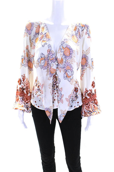 Free People Womens Floral Print V-Neck Buttoned Long Sleeve Blouse White Size XS