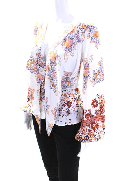 Free People Womens Floral Print V-Neck Buttoned Long Sleeve Blouse White Size XS