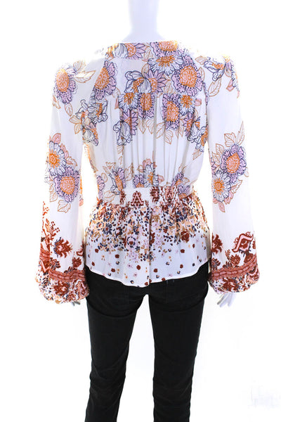 Free People Womens Floral Print V-Neck Buttoned Long Sleeve Blouse White Size XS