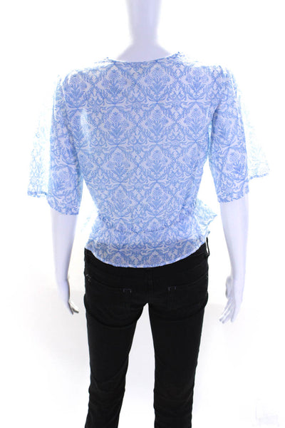 Splendid Womens Floral Print V-Neck Drawstring Peplum Cropped Blouse Blue Size S