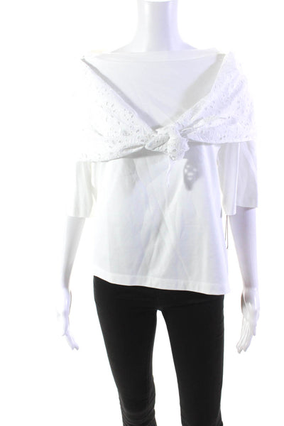 Adeam Womens Cotton Short Sleeve Eyelet Lace Tied Sailor T shirt White Size S