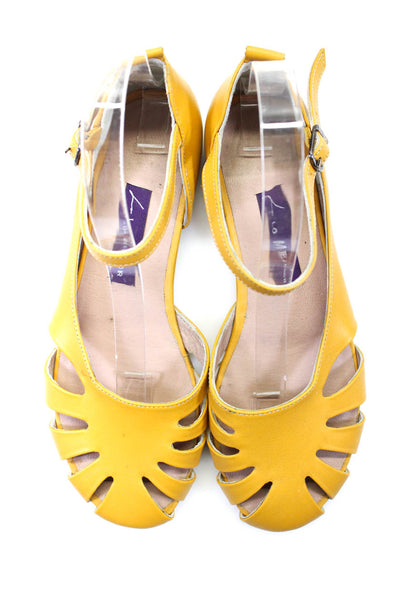 Lo Mejor Womens Leather Cut-Out Ankle Buckled Slip-On Flats Yellow Size EUR38