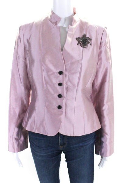 Kay Unger Womens Silk Blend High Neck Button Up Blazer Jacket Pink Size 8